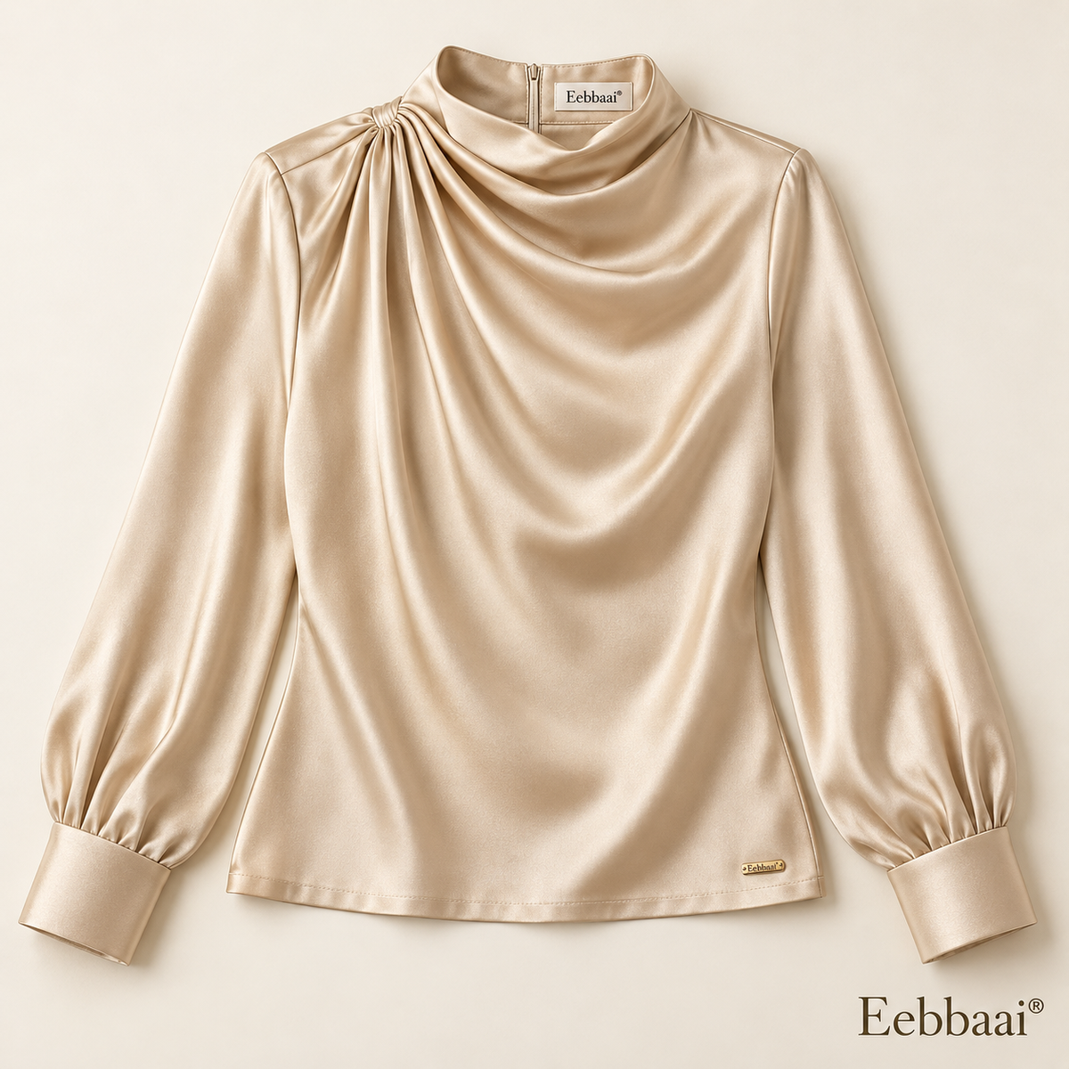 Eebbaai® Champagne Asymmetric Drape Blouse — Complete front flat lay