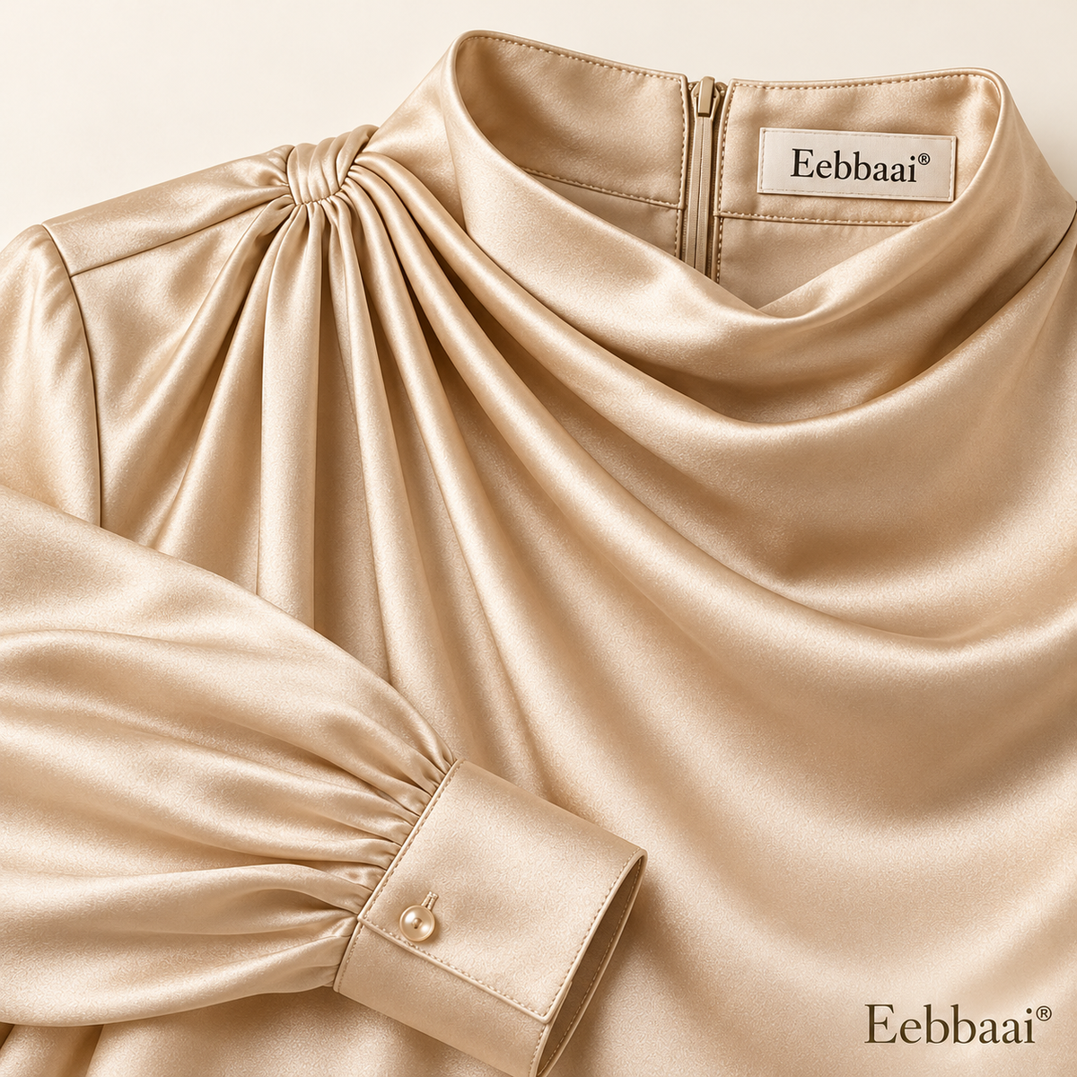Eebbaai® Champagne Asymmetric Drape Blouse — Fabric and brand detail
