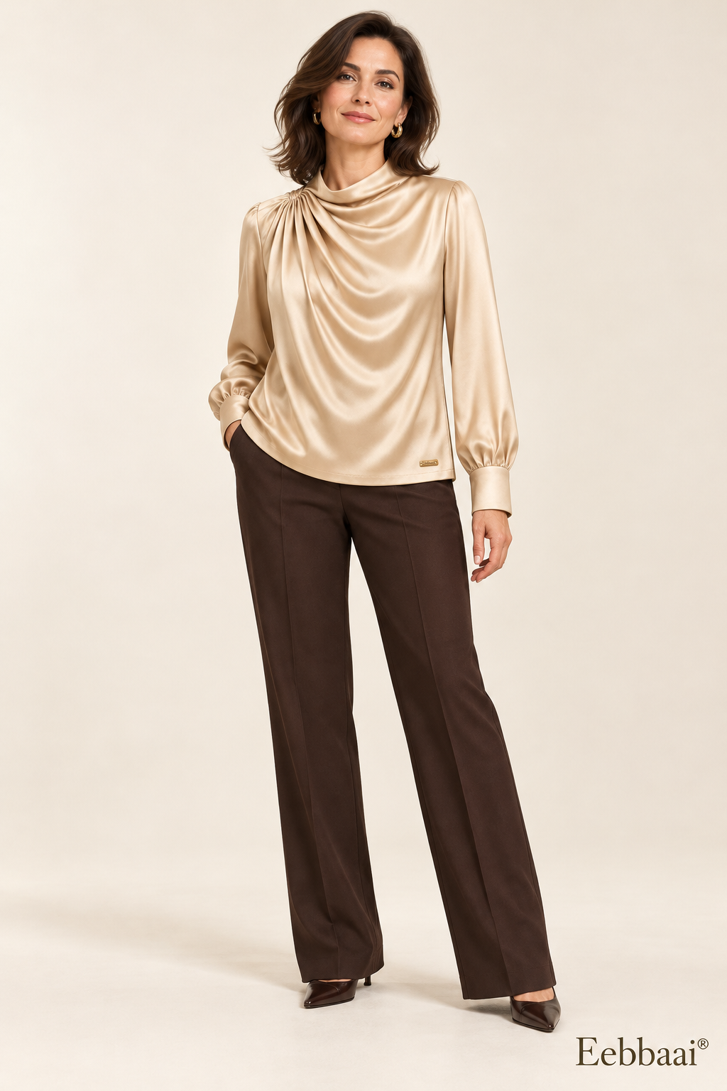 Eebbaai® Champagne Asymmetric Drape Blouse — Mature female model front view