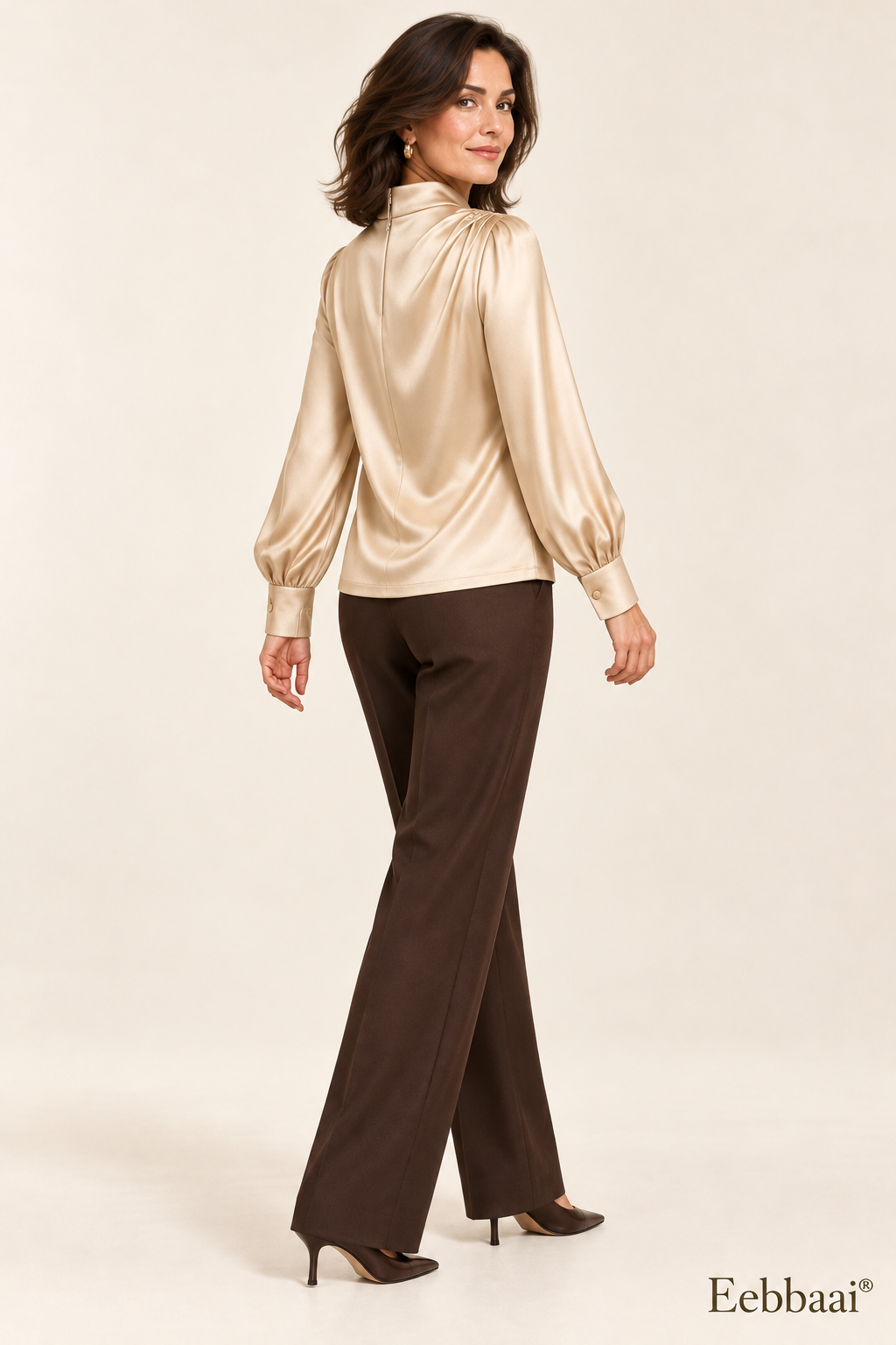 Eebbaai® Champagne Asymmetric Drape Blouse — Mature female model rear three-quarter view