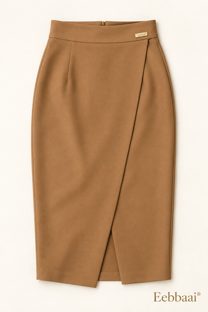 Eebbaai® Camel Wrap-Front Pencil Midi Skirt — Complete front flat lay