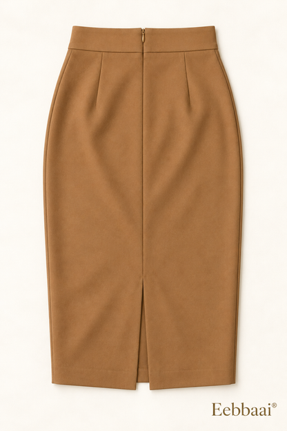 Eebbaai® Camel Wrap-Front Pencil Midi Skirt — Complete back flat lay