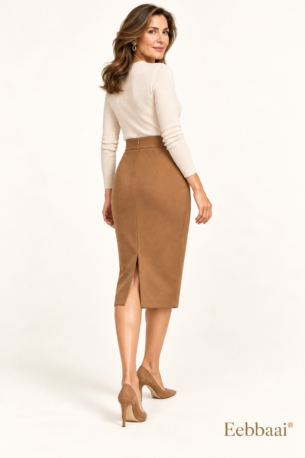 Eebbaai® Camel Wrap-Front Pencil Midi Skirt — Mature female model rear three-quarter view