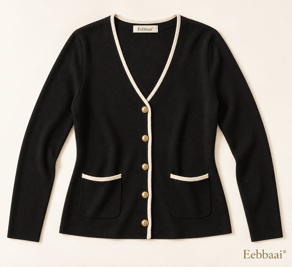Eebbaai® Black Gold-Button Knit Cardigan — Complete front flat lay
