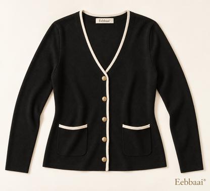 Eebbaai® Black Gold-Button Knit Cardigan — Complete front flat lay
