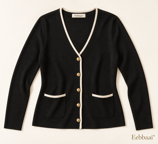 Eebbaai® Black Gold-Button Knit Cardigan — Complete front flat lay