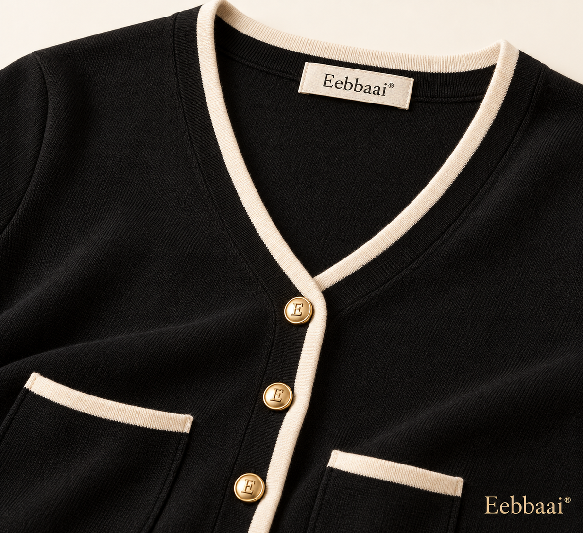 Eebbaai® Black Gold-Button Knit Cardigan — Fabric and brand detail
