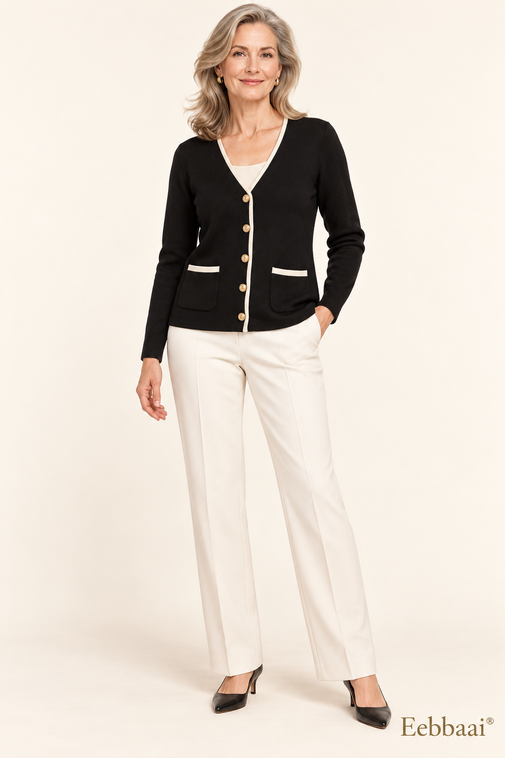 Eebbaai® Black Gold-Button Knit Cardigan — Mature female model front view