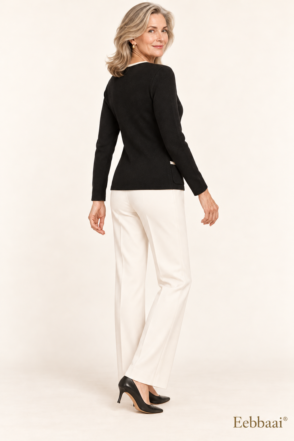 Eebbaai® Black Gold-Button Knit Cardigan — Mature female model rear three-quarter view