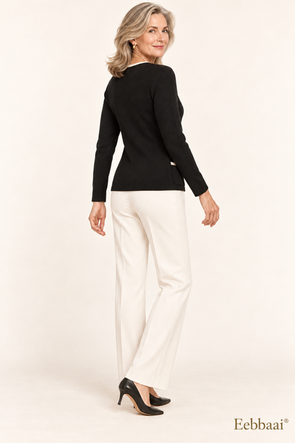 Eebbaai® Black Gold-Button Knit Cardigan — Mature female model rear three-quarter view