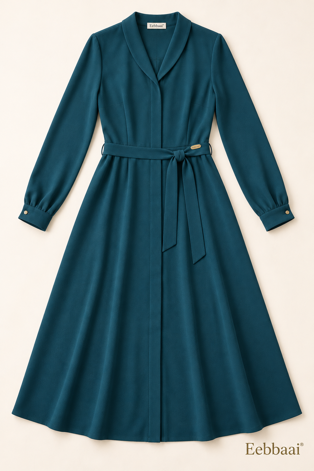 Eebbaai® Petrol Shawl-Collar Belted Midi Dress — Complete front flat lay