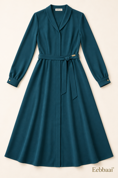 Eebbaai® Petrol Shawl-Collar Belted Midi Dress — Complete front flat lay