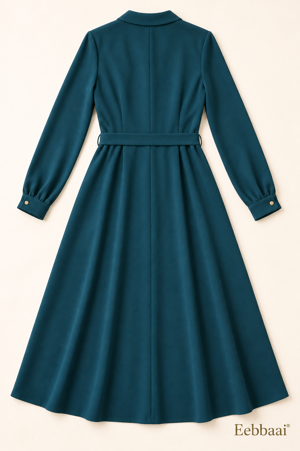 Eebbaai® Petrol Shawl-Collar Belted Midi Dress — Complete back flat lay
