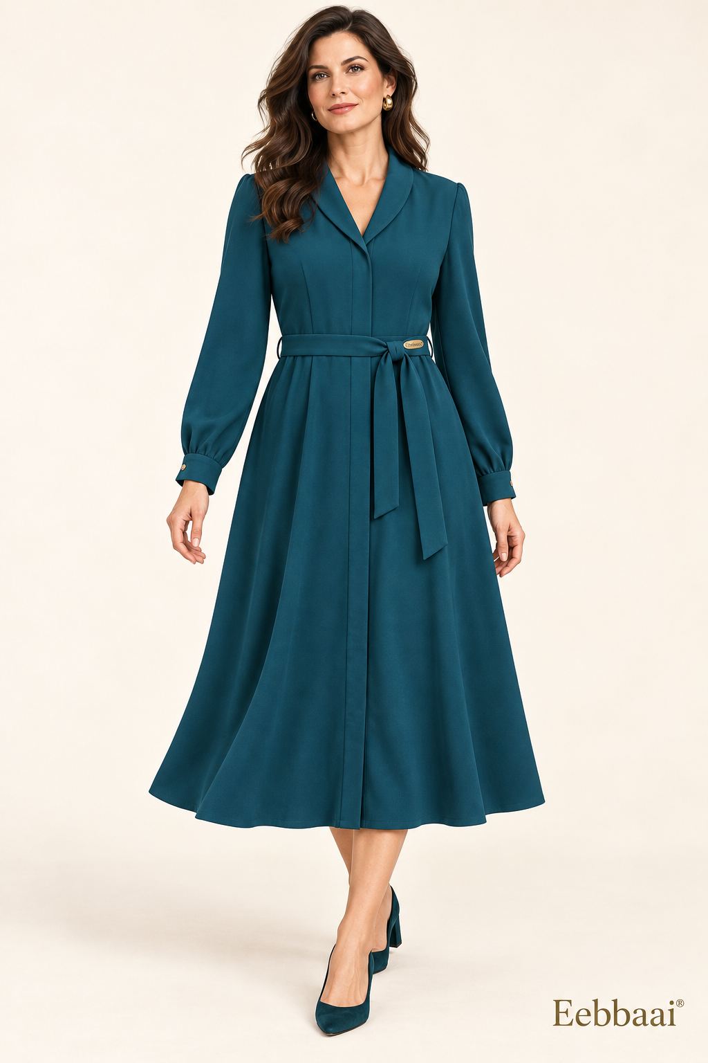 Eebbaai® Petrol Shawl-Collar Belted Midi Dress — Mature female model front view