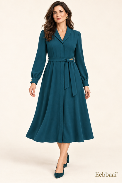 Eebbaai® Petrol Shawl-Collar Belted Midi Dress — Mature female model front view