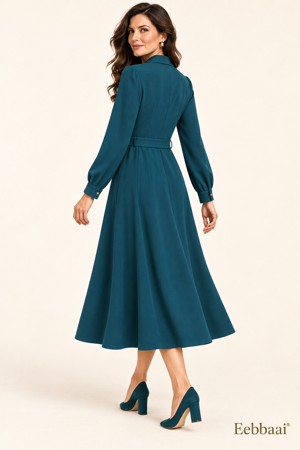 Eebbaai® Petrol Shawl-Collar Belted Midi Dress — Mature female model rear three-quarter view