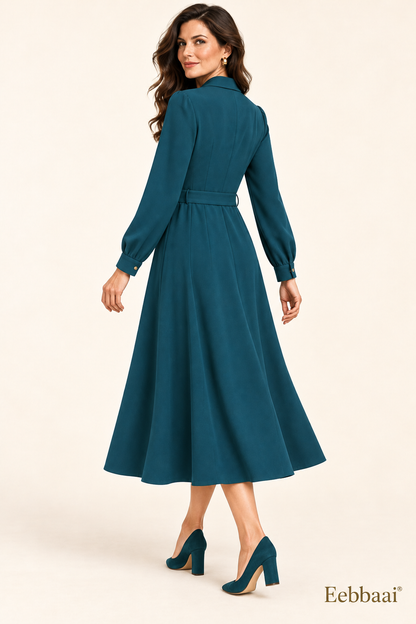 Eebbaai® Petrol Shawl-Collar Belted Midi Dress — Mature female model rear three-quarter view
