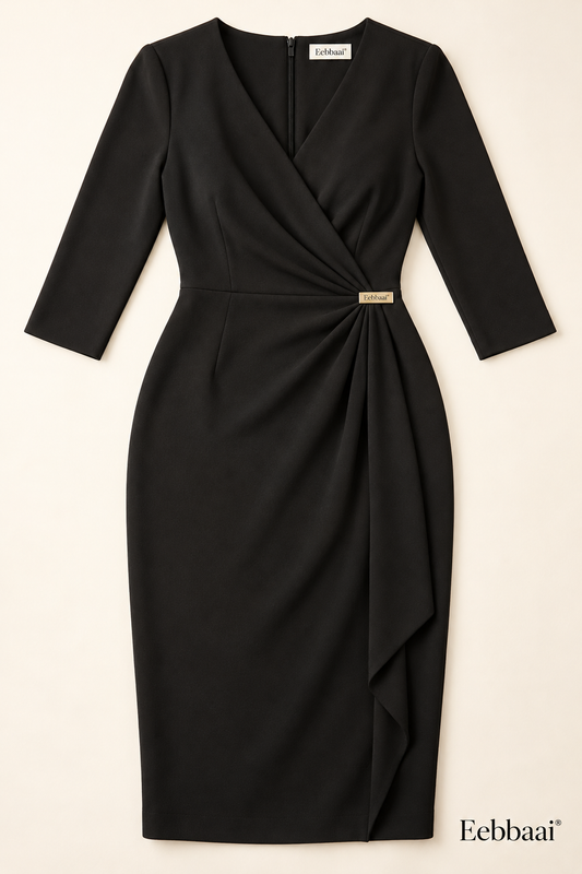 Eebbaai® Onyx Sculpted Wrap Midi Dress — Complete front flat lay