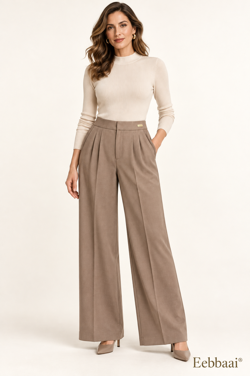 Eebbaai® Taupe Double-Pleat Tailored Trousers — Mature female model front view