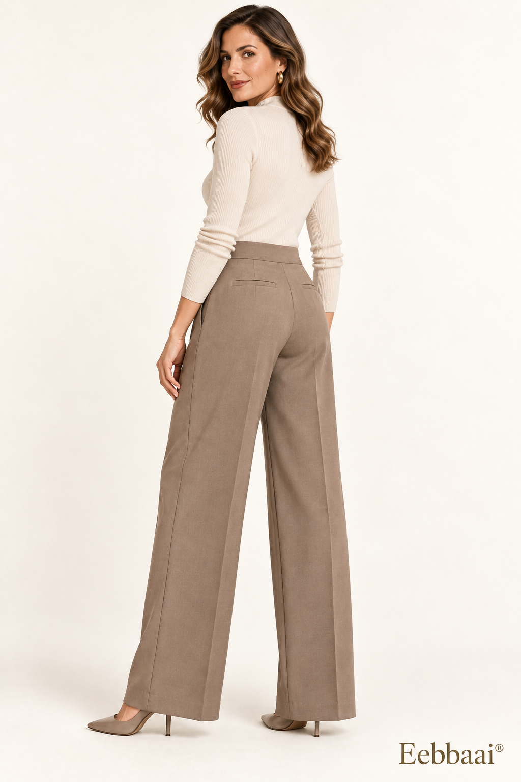 Eebbaai® Taupe Double-Pleat Tailored Trousers — Mature female model rear three-quarter view