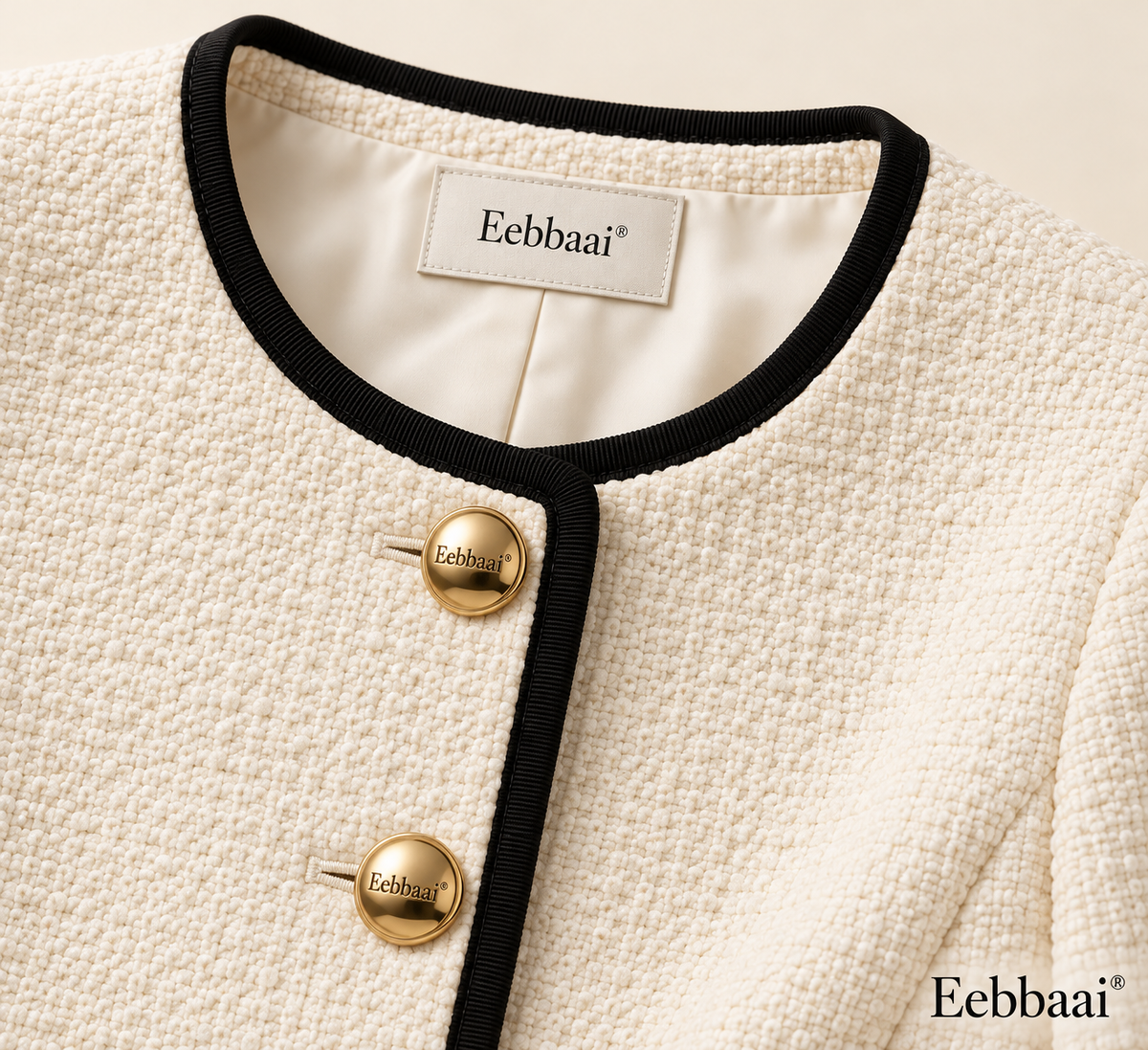 Eebbaai® Ivory Contrast-Edge Boucle Jacket — Fabric and brand detail