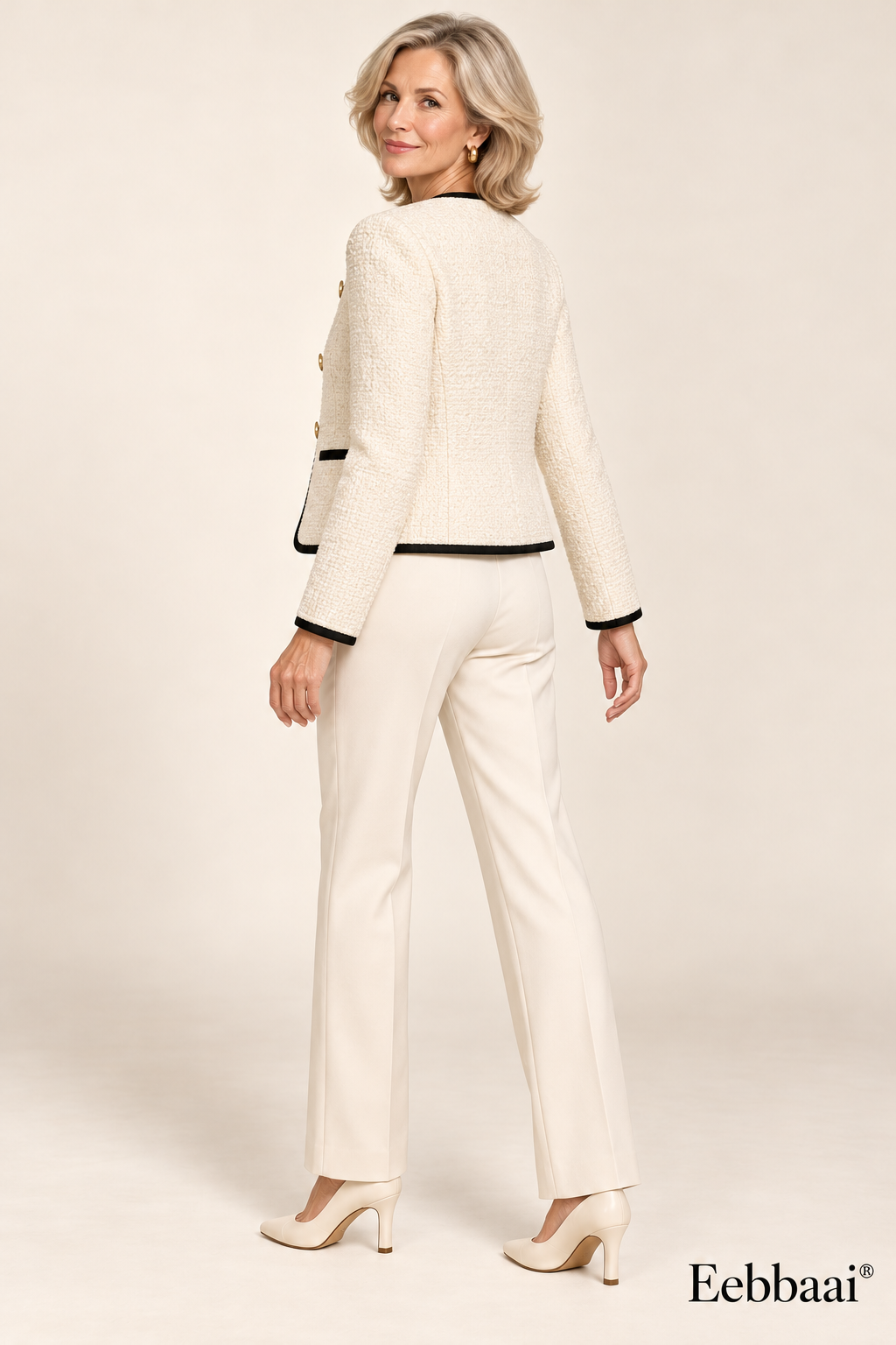 Eebbaai® Ivory Contrast-Edge Boucle Jacket — Mature female model rear three-quarter view