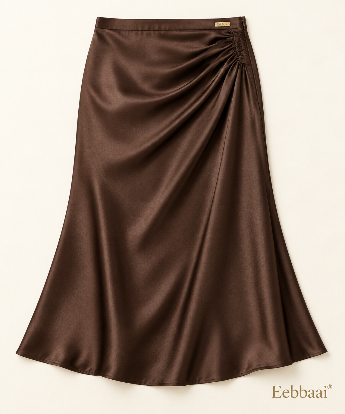 Eebbaai® Espresso Draped Satin Midi Skirt — Complete front flat lay