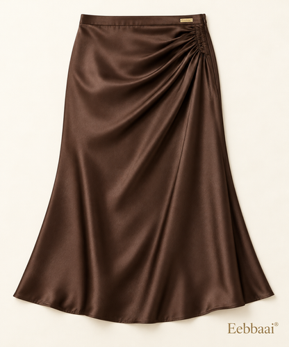 Eebbaai® Espresso Draped Satin Midi Skirt — Complete front flat lay