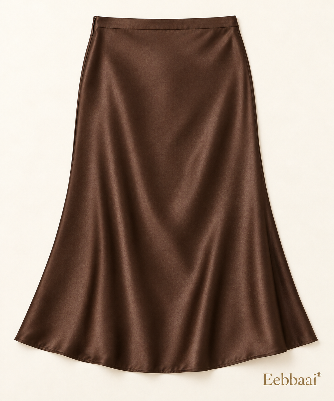 Eebbaai® Espresso Draped Satin Midi Skirt — Complete back flat lay