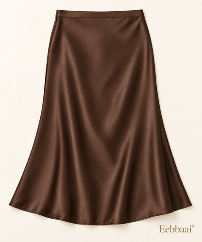 Eebbaai® Espresso Draped Satin Midi Skirt — Complete back flat lay