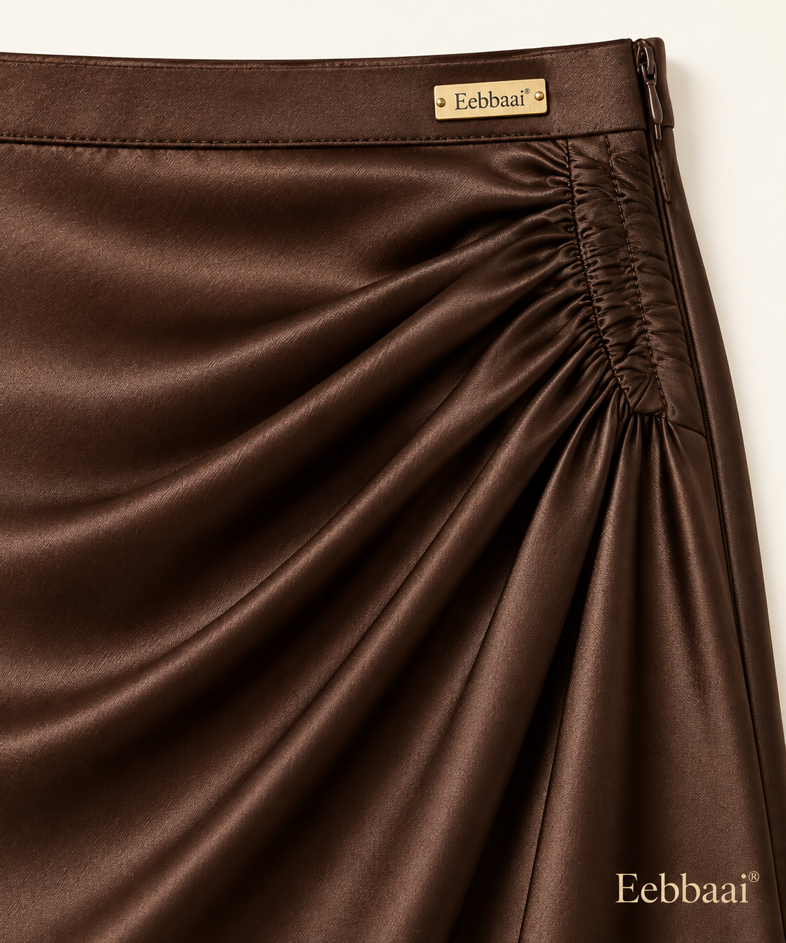 Eebbaai® Espresso Draped Satin Midi Skirt — Fabric and brand detail