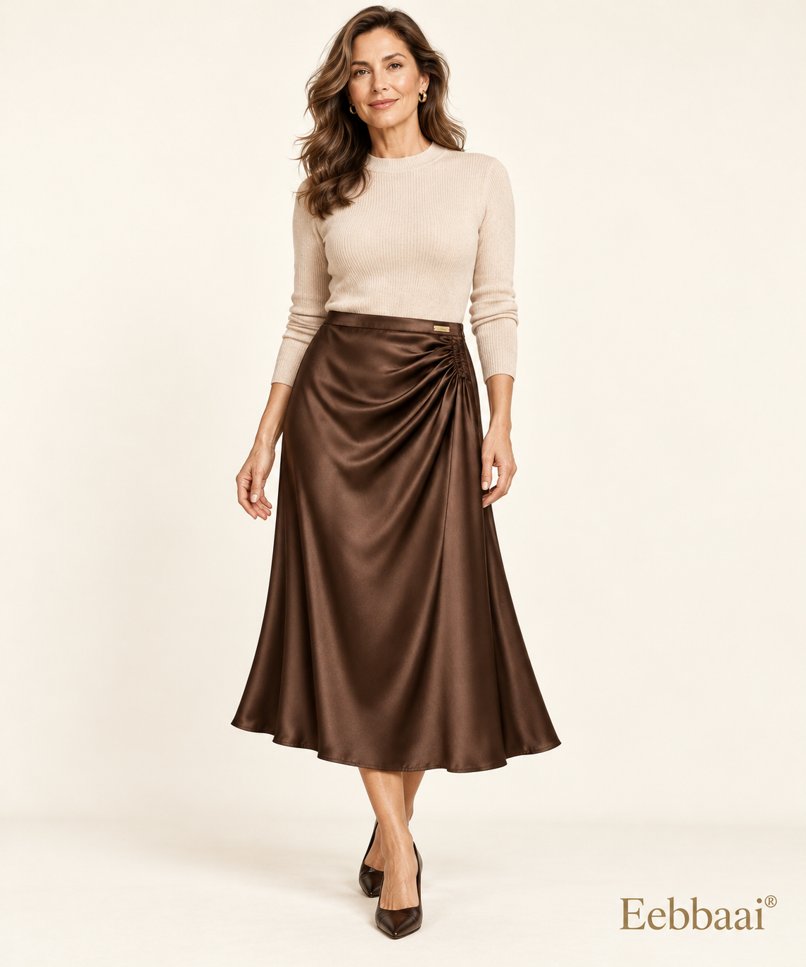Eebbaai® Espresso Draped Satin Midi Skirt — Mature female model front view