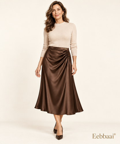 Eebbaai® Espresso Draped Satin Midi Skirt — Mature female model front view