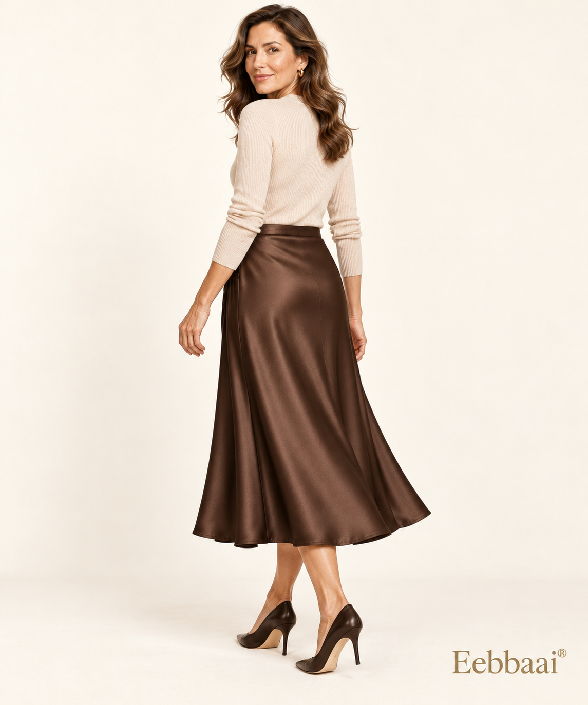 Eebbaai® Espresso Draped Satin Midi Skirt — Mature female model rear three-quarter view