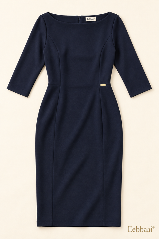 Eebbaai® Midnight Boatneck Ponte Midi Dress — Complete front flat lay