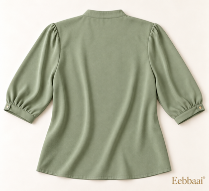 Eebbaai® Sage Pleated-Shoulder Blouse — Complete back flat lay