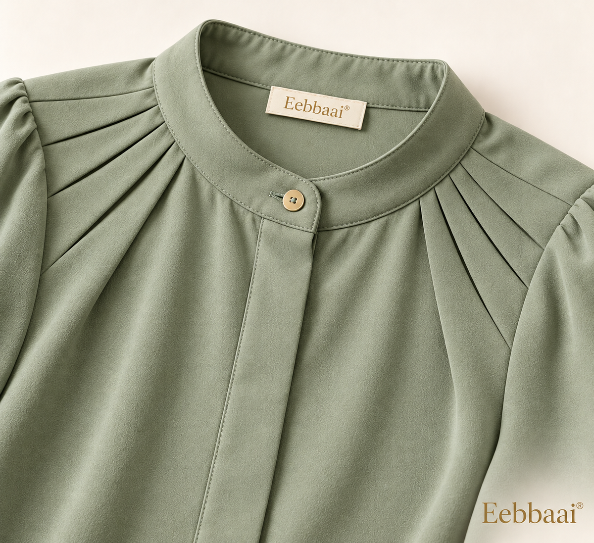 Eebbaai® Sage Pleated-Shoulder Blouse — Fabric and brand detail