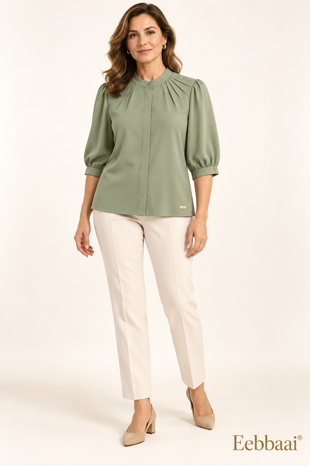 Eebbaai® Sage Pleated-Shoulder Blouse — Mature female model front view