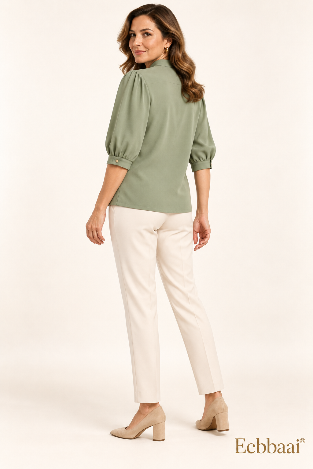 Eebbaai® Sage Pleated-Shoulder Blouse — Mature female model rear three-quarter view