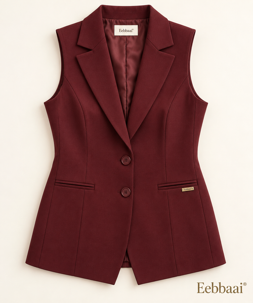 Eebbaai® Oxblood Longline Tailored Waistcoat — Complete front flat lay