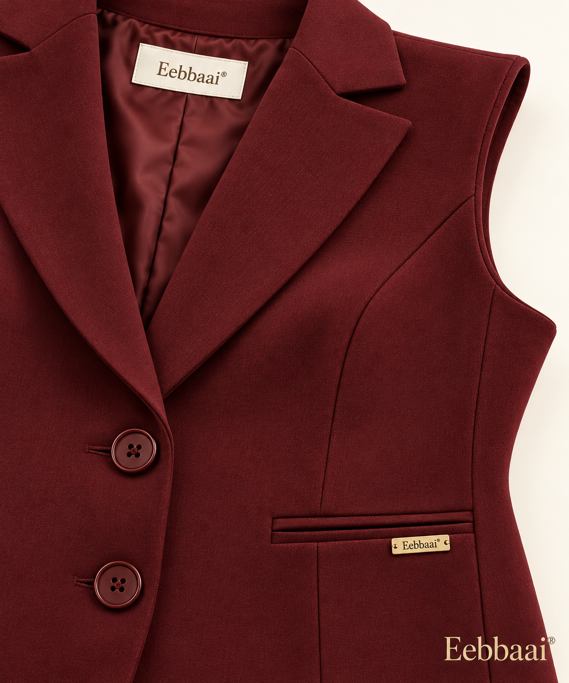 Eebbaai® Oxblood Longline Tailored Waistcoat — Fabric and brand detail