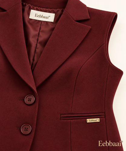 Eebbaai® Oxblood Longline Tailored Waistcoat — Fabric and brand detail