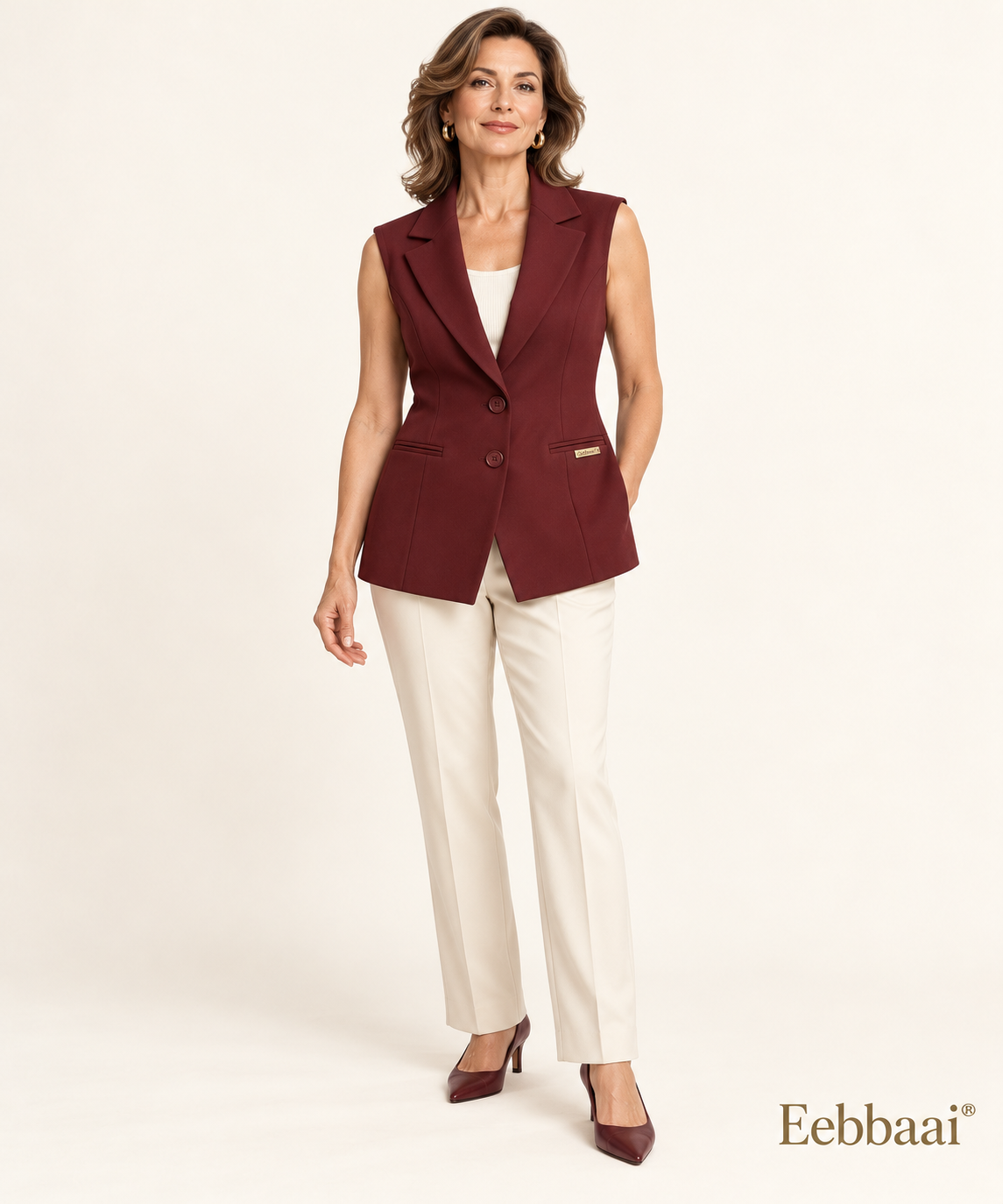 Eebbaai® Oxblood Longline Tailored Waistcoat — Mature female model front view