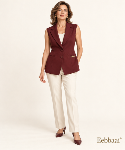 Eebbaai® Oxblood Longline Tailored Waistcoat — Mature female model front view