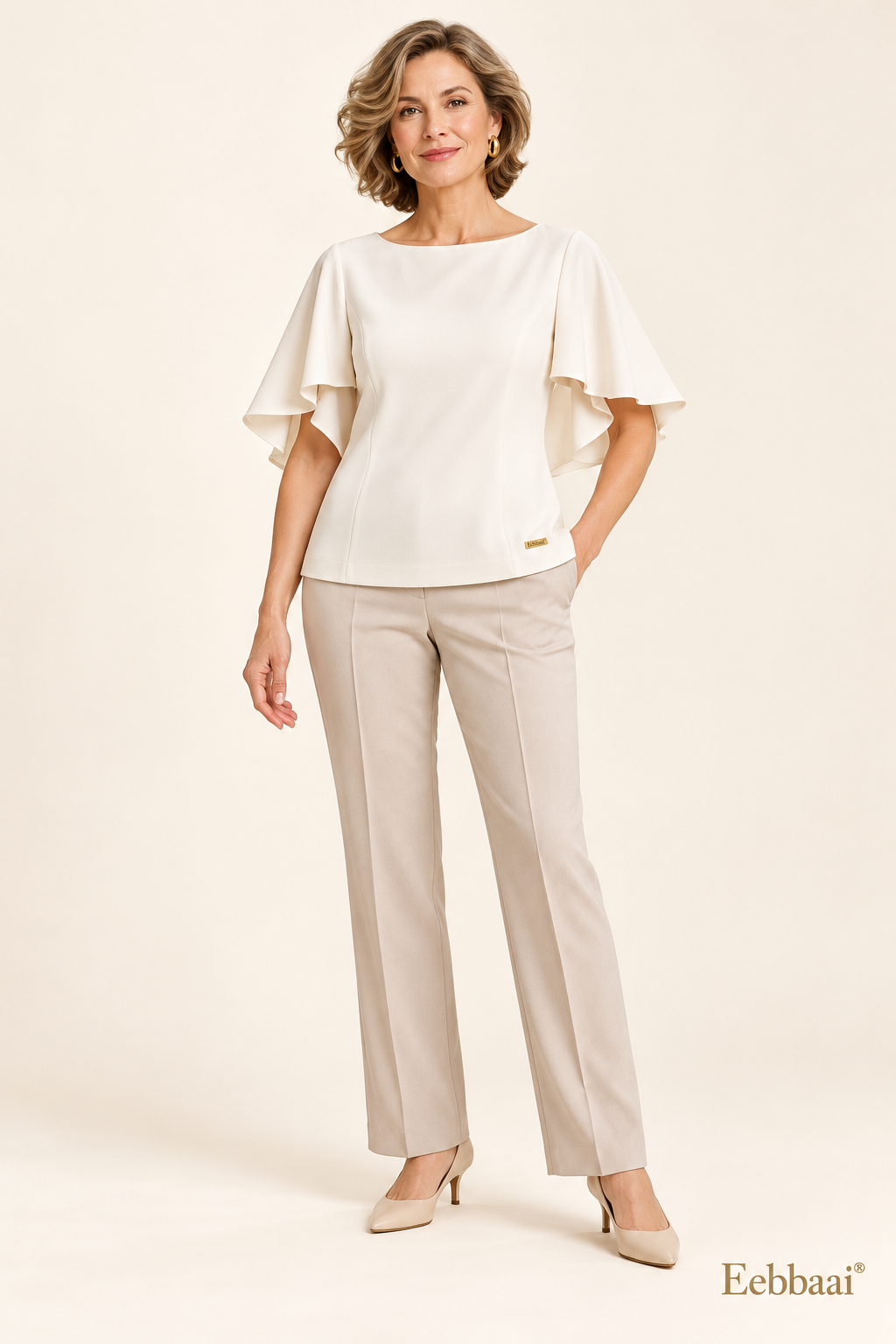 Eebbaai® Pearl Cape-Sleeve Crepe Blouse — Mature female model front view