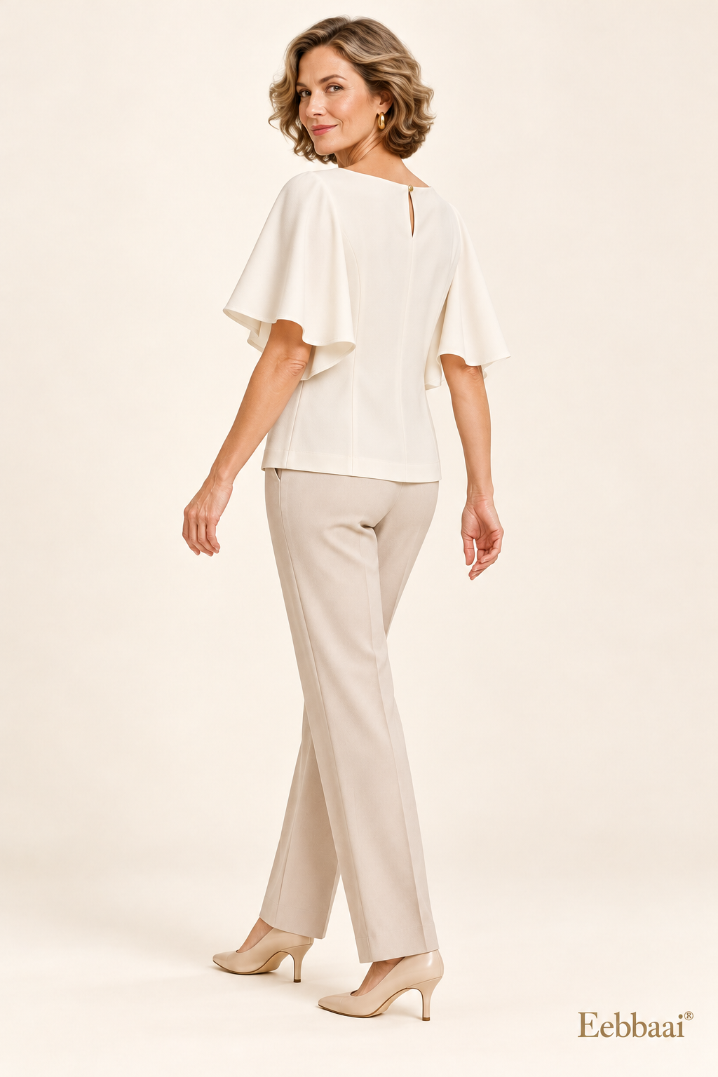 Eebbaai® Pearl Cape-Sleeve Crepe Blouse — Mature female model rear three-quarter view