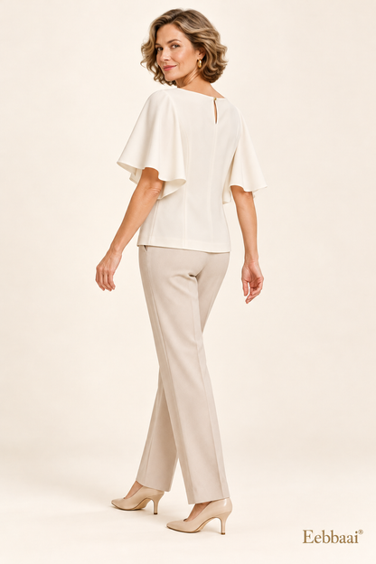 Eebbaai® Pearl Cape-Sleeve Crepe Blouse — Mature female model rear three-quarter view
